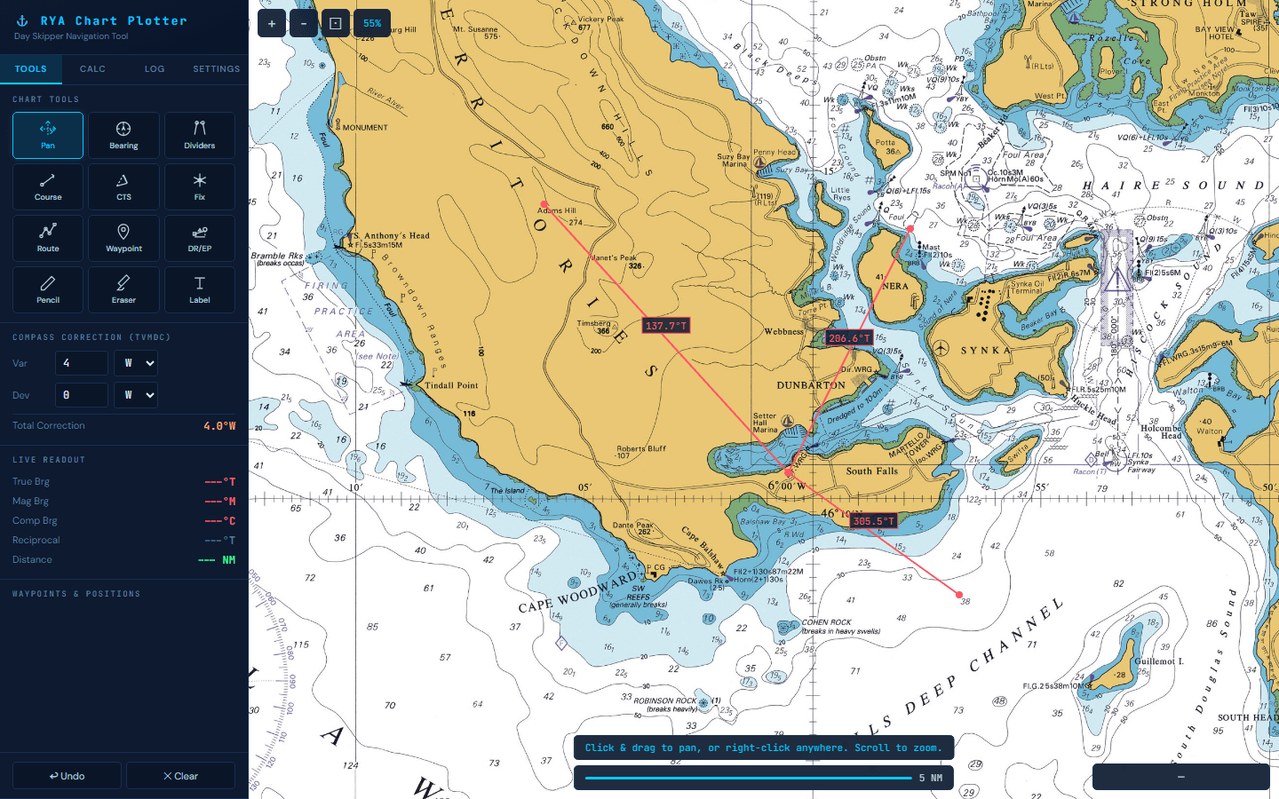 Bearing tool with compass correction panel showing variation, deviation, and True-Magnetic-Compass conversion