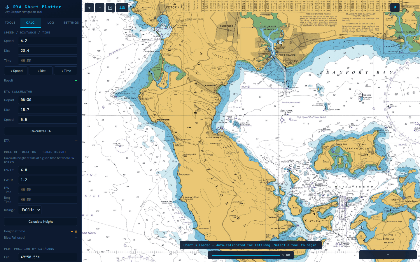Calculator panel showing Speed/Distance/Time, ETA calculator, Rule of Twelfths tidal height, and lat/long position plotter