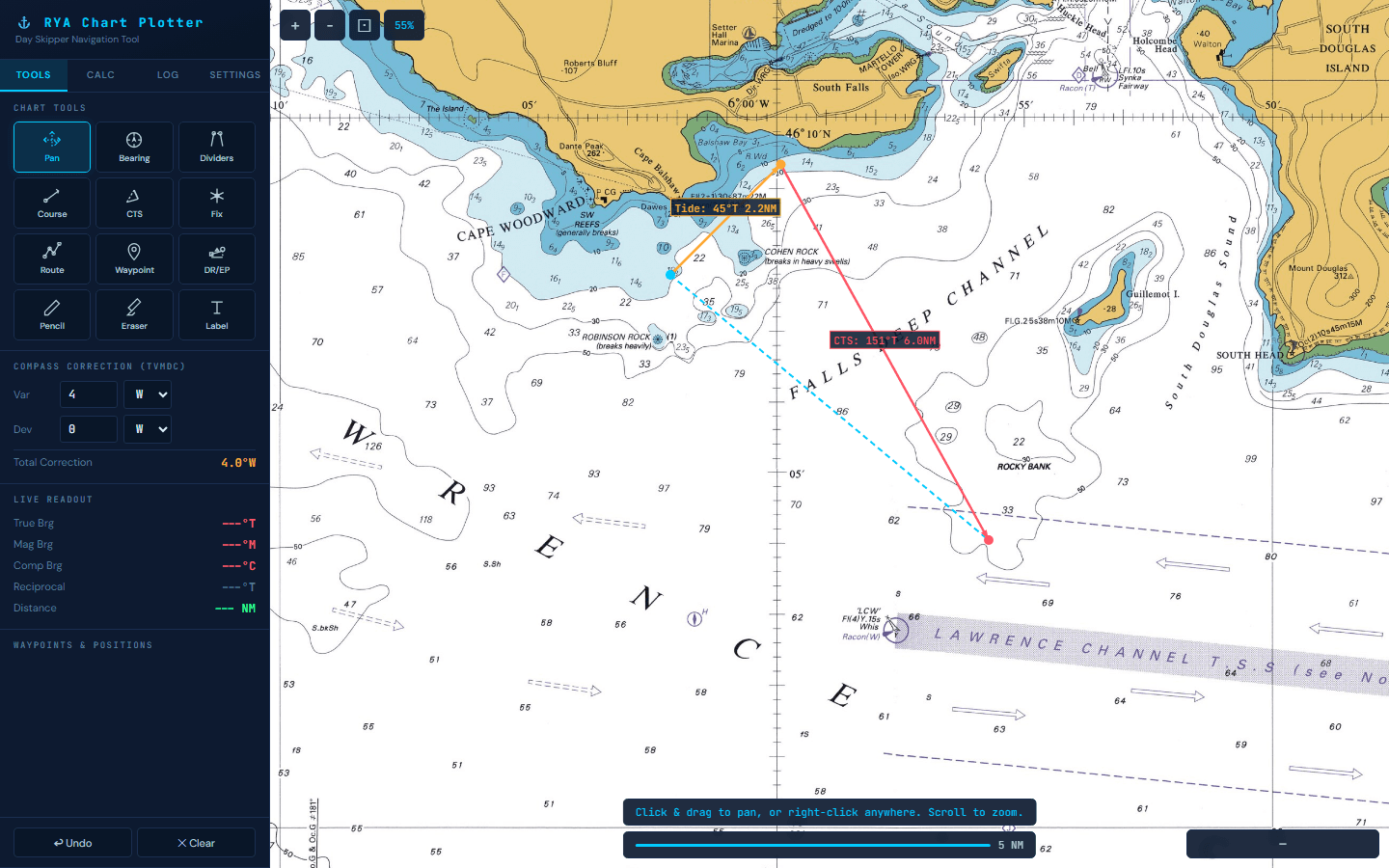 Course to Steer tool showing vector triangle input panel with tidal set, rate, and boat speed fields