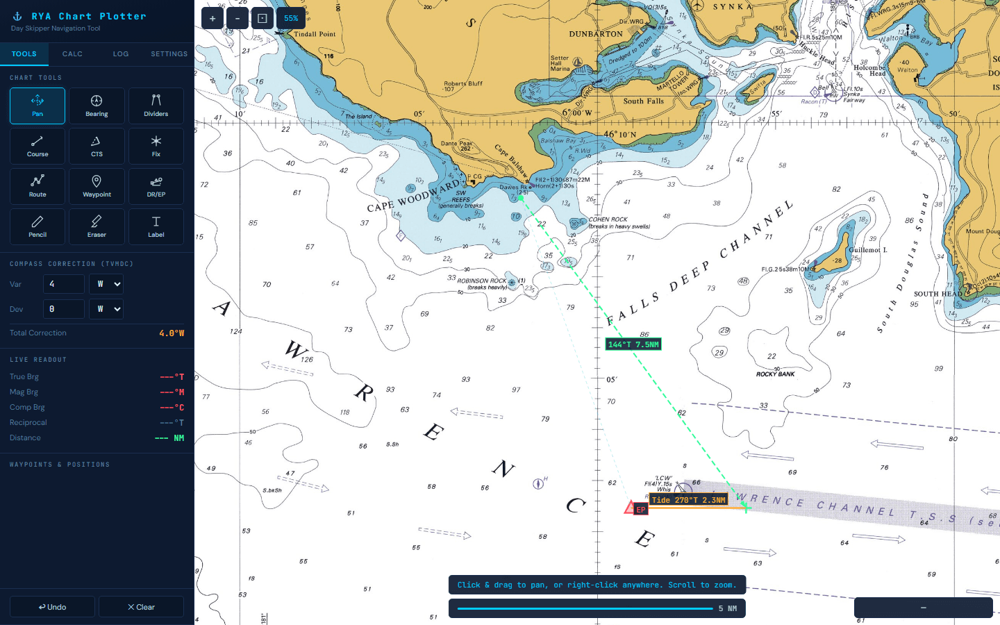 Dead Reckoning and Estimated Position tool showing course steered, boat speed, leeway, and tidal stream inputs